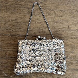 Vintage 80’s Densely Packed Sequin Evening Mini Bag With 5  Inches Metal Chain.